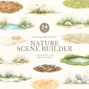 Watercolor Nature Scene Builder Clipart, Grass Borders, Dirt and Sand Patches, Meadow Wildflowers Landscape, Pond and Rock Elements