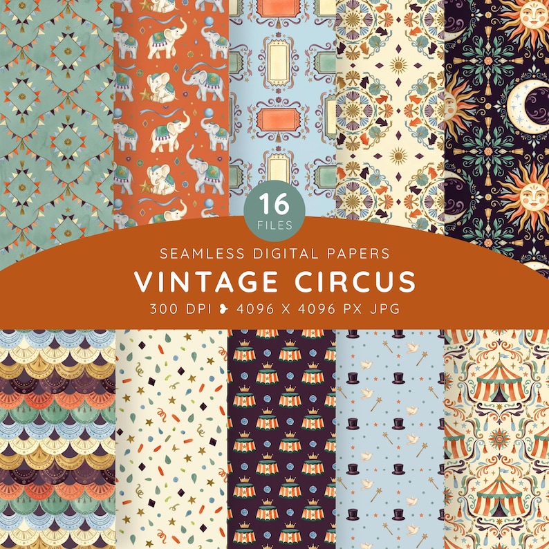 Retro Pattern Backing Paper Vintage Circus Digital Paper, Seamless Carnival Patterns, Big Top ...