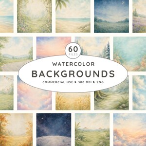 May include: A collection of 60 digital watercolor backgrounds featuring diverse landscapes including beaches, forests, fields, and night skies. The central text reads 60 FILES WATERCOLOR BACKGROUNDS COMMERCIAL USE 300 DPI PNG.