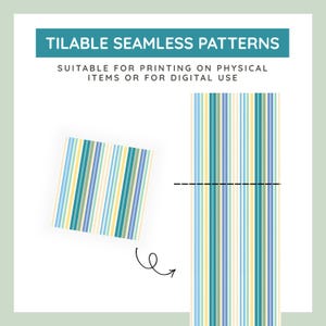 May include: A graphic display featuring the text TILABLE SEAMLESS PATTERNS and SUITABLE FOR PRINTING ON PHYSICAL ITEMS OR FOR DIGITAL USE. It shows a square swatch and a vertical strip of a repeating pattern with vertical stripes in yellow, blue, and green.
