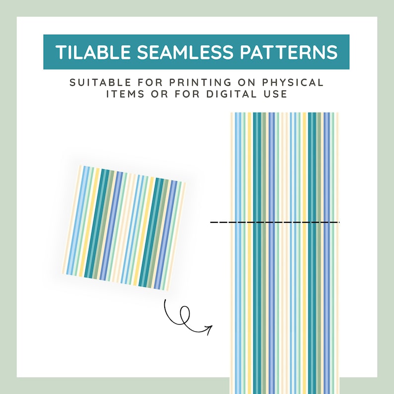 May include: A graphic display featuring the text TILABLE SEAMLESS PATTERNS and SUITABLE FOR PRINTING ON PHYSICAL ITEMS OR FOR DIGITAL USE. It shows a square swatch and a vertical strip of a repeating pattern with vertical stripes in yellow, blue, and green.