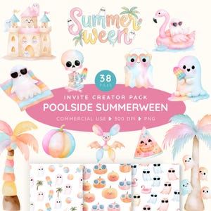 Poolside Summerween Clipart Creator Pack, Pastel Ghost PNG, Summer Halloween Beach Graphics, Cute Spooky Party Clipart, Pumpkin Skeleton PNG