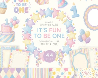 It’s Fun to Be One Birthday Clipart, Whimsical First Birthday Invite Creator Pack, Pastel Party Frames, Cake and Balloon PNG