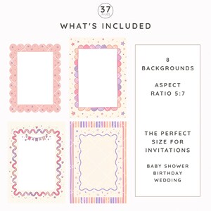 May include: A digital collection of 37 files featuring 8 backgrounds with a 5:7 aspect ratio. The designs include rectangular frames with scalloped, wavy, and striped borders in pastel pink, purple, and orange, decorated with stars and confetti.