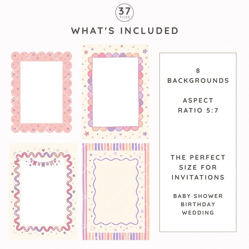 May include: A digital collection of 37 files featuring 8 backgrounds with a 5:7 aspect ratio. The designs include rectangular frames with scalloped, wavy, and striped borders in pastel pink, purple, and orange, decorated with stars and confetti.