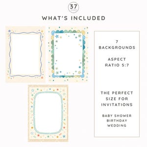 May include: A digital collection of 37 files featuring 7 backgrounds with a 5:7 aspect ratio. The designs include rectangular frames decorated with colorful stars, confetti, and scalloped edges on a light cream background for invitations.