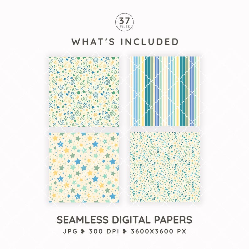 May include: A collection of four seamless digital paper patterns featuring blue, yellow, and green motifs including stars, swirls, and vertical stripes. The text reads 37 FILES, WHAT'S INCLUDED, SEAMLESS DIGITAL PAPERS, JPG, 300 DPI, 3600X3600 PX.