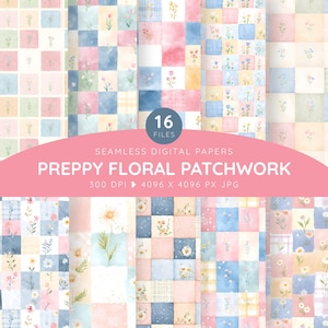 Può includere: Una collezione di 16 carte digitali senza cuciture con un design patchwork di motivi floreali ad acquerello in tonalità pastello di rosa, blu, giallo e verde. Il testo recita 16 FILES SEAMLESS DIGITAL PAPERS PREPPY FLORAL PATCHWORK 300 DPI 4096 X 4096 PX JPG.