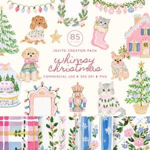 Watercolor Whimsy Christmas clipart collection featuring festive dogs and cats, pink and blue Christmas trees, colorful houses, ornaments, garlands, candy canes, gifts, holiday treats, eight invitation frames and six seamless patterns. The quirky hand-painted artwork uses bright pink, blue, green, red, cream and gold.