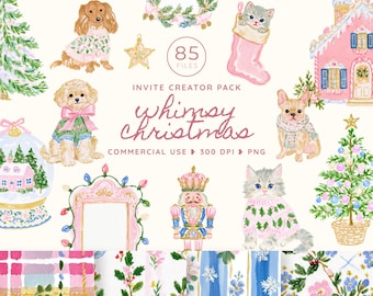 Watercolor Whimsy Christmas Clipart, Festive Dogs and Cats PNG, Pink Blue Holiday Frames, Quirky Christmas Card Graphics