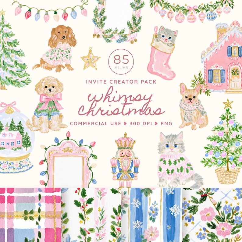 Watercolor Whimsy Christmas clipart collection featuring festive dogs and cats, pink and blue Christmas trees, colorful houses, ornaments, garlands, candy canes, gifts, holiday treats, eight invitation frames and six seamless patterns. The quirky hand-painted artwork uses bright pink, blue, green, red, cream and gold.