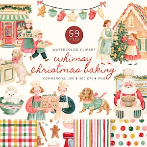 Pode incluir: Uma coleção de clipart em aquarela com cenas de confeitaria de Natal com pessoas, um cão, um gato, uma casa de gengibre e o Pai Natal, juntamente com padrões de xadrez, riscas e pontos, com o texto 59 FILES WATERCOLOR CLIPART.