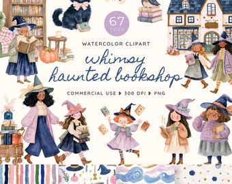 Whimsy Haunted Bookshop Clipart, Whimsical Witch Library Watercolor PNG, Cozy Bookish Halloween, Magic Books and Autumn Storefronts