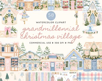 Grandmillennial Christmas Village Clipart, Watercolor Whimsy Holiday Town PNG, Whimsical Preppy Shops, Cottages and Winter Houses