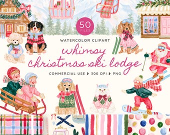 Whimsy Christmas Ski Lodge Clipart, Whimsical Après-Ski Watercolor PNG, Holiday Skiers, Alpine Pets and Snowy Chalet Graphics