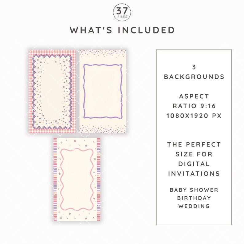 May include: A digital graphic set containing 37 files, including three rectangular backgrounds with a 9:16 aspect ratio and 1080x1920 px dimensions. The designs feature cream-colored centers with purple, pink, and red borders, stars, and stripes.