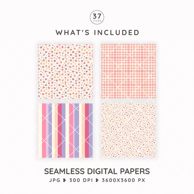 May include: A set of four seamless digital papers featuring various patterns including pink and purple stars on a cream background, a pink gingham check, vertical stripes in shades of pink and purple, and a confetti pattern with small colorful dots.