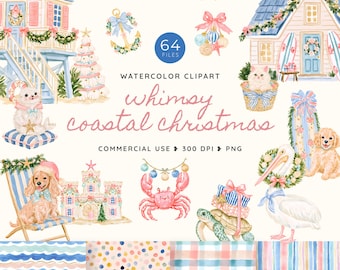 Whimsy Coastal Christmas Clipart, Whimsical Grandmillenial Watercolor PNG, Beach House, Sea Turtle, Lobster and Seashell Holiday