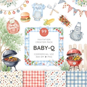 以下が含まれることがあります： Baby-Qをテーマにした水彩画風イラストのデジタルコレクション。青いベビー用ロンパース、赤と青のギンガムチェック柄、黒いグリル、赤いグリル、ハンバーガー、トウモロコシ、串焼き、よだれかけ、エプロン、フラッグガーランドなどが含まれています。