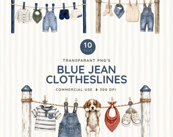 Blue Jean Baby Clothesline Clipart, Denim Baby Shower PNG, A Little Blue Jean Baby Is on the Way, Puppy and Kitten Nursery