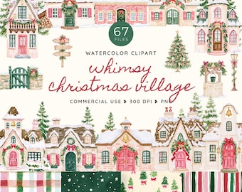 Whimsy Christmas Village Clipart, Whimsical Watercolor Houses PNG, Preppy Grandmillennial Holiday Town, Festive Cottage Graphics