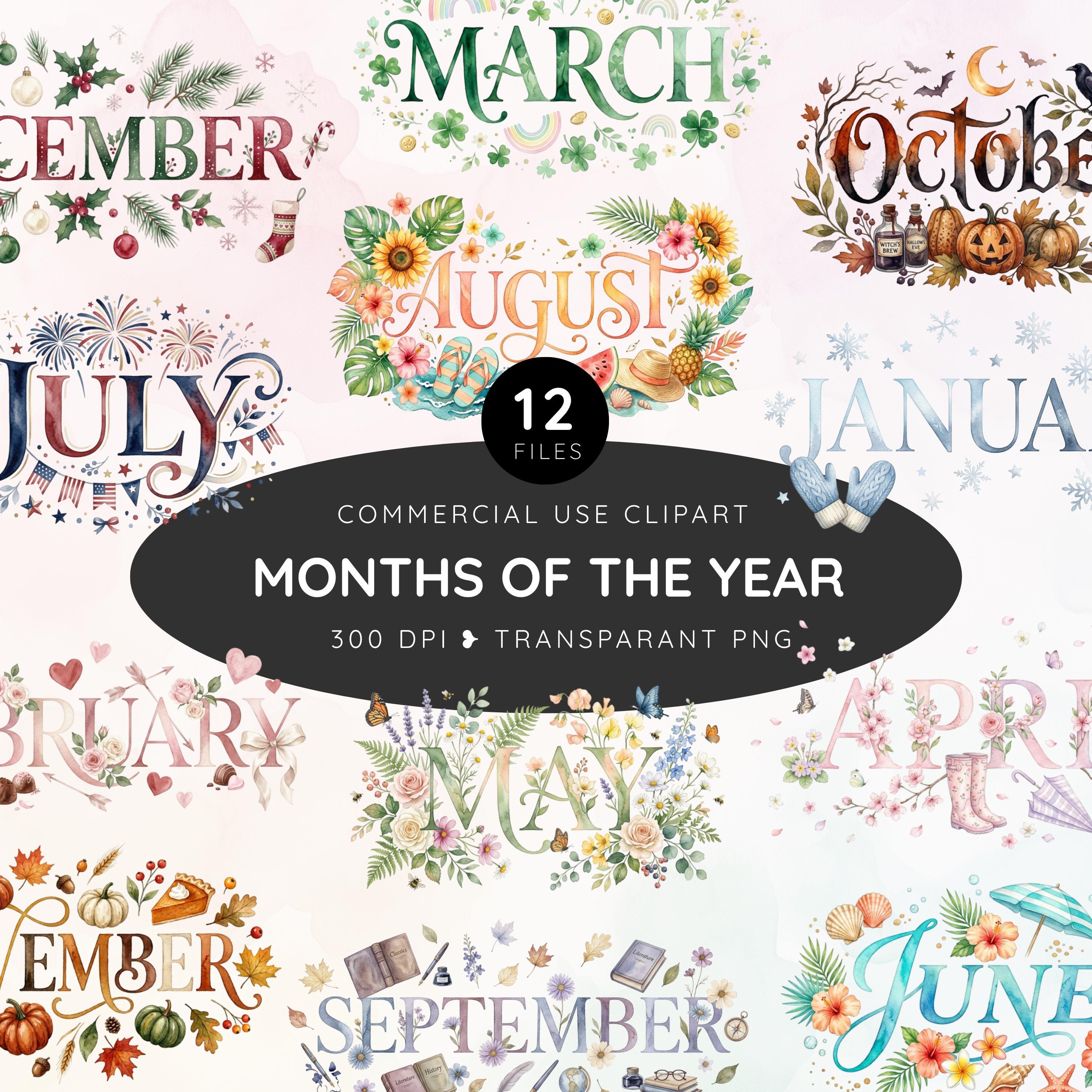 Months of the Year Clipart, Watercolor Monthly Word Art, Calendar ...