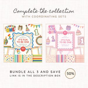 May include: Two digital creator packs for first birthday party invitations featuring colorful illustrations of cupcakes, party hats, gifts, and banners. The text reads It's Fun To Be One, 55 Files, and 37 Creator Pack, with various patterned backgrounds.