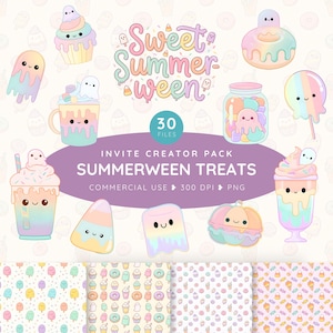 May include: A digital graphic set titled Sweet Summerween featuring 30 files of pastel-colored, kawaii-style illustrations of ghosts, cupcakes, donuts, candy corn, and milkshakes, along with four repeating patterns of these same treat icons.