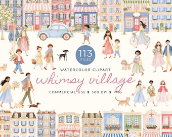 Whimsy Village Clipart, Whimsical Grandmillennial Watercolor Town PNG, Preppy Houses, People, Pets and Charming Street Scene Creator