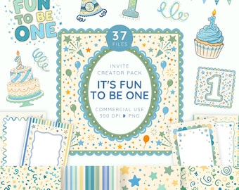 Fun To Be One Clipart Creator Pack, Whimsy 1st Birthday PNG, Boy First Birthday Party Clipart, Invitation Maker Graphics, Blue Green Papers