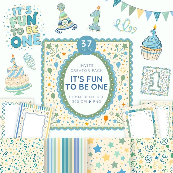 Fun To Be One Clipart Creator Pack, Whimsy 1st Birthday PNG, Boy First Birthday Party Clipart, Invitation Maker Graphics, Blue Green Papers