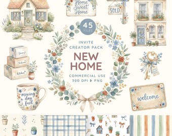 Whimsical New Home Clipart, Watercolor Housewarming PNG, Realtor Closing Gift, Cottage Moving House, Home Sweet Home Graphics