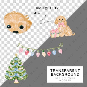 May include: A digital illustration set featuring a golden puppy head, a seated golden puppy with a pink bow next to a gift box, a string of colorful Christmas lights, and a decorated Christmas tree with blue ribbons on a transparent background.