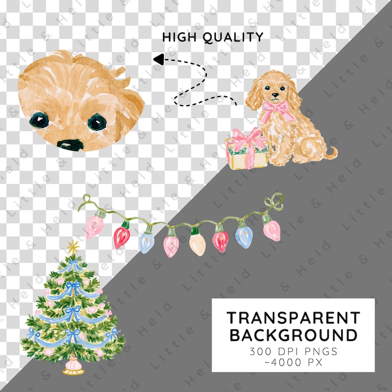 May include: A digital illustration set featuring a golden puppy head, a seated golden puppy with a pink bow next to a gift box, a string of colorful Christmas lights, and a decorated Christmas tree with blue ribbons on a transparent background.
