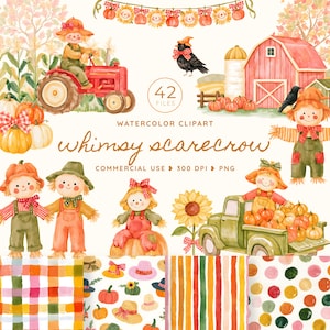 May include: A digital collection of 42 watercolor clipart files featuring scarecrows, a red tractor, a red barn, pumpkins, sunflowers, and patterned backgrounds. The text reads 42 FILES, WATERCOLOR CLIPART, whimsy scarecrow, COMMERCIAL USE, 300 DPI, PNG.