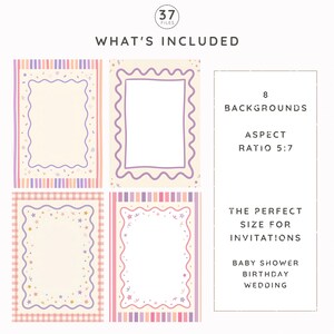 May include: A digital collection of 37 files featuring 8 backgrounds with a 5:7 aspect ratio. The designs include rectangular frames with wavy borders, striped or checkered patterns, and small star and confetti motifs in pastel colors.