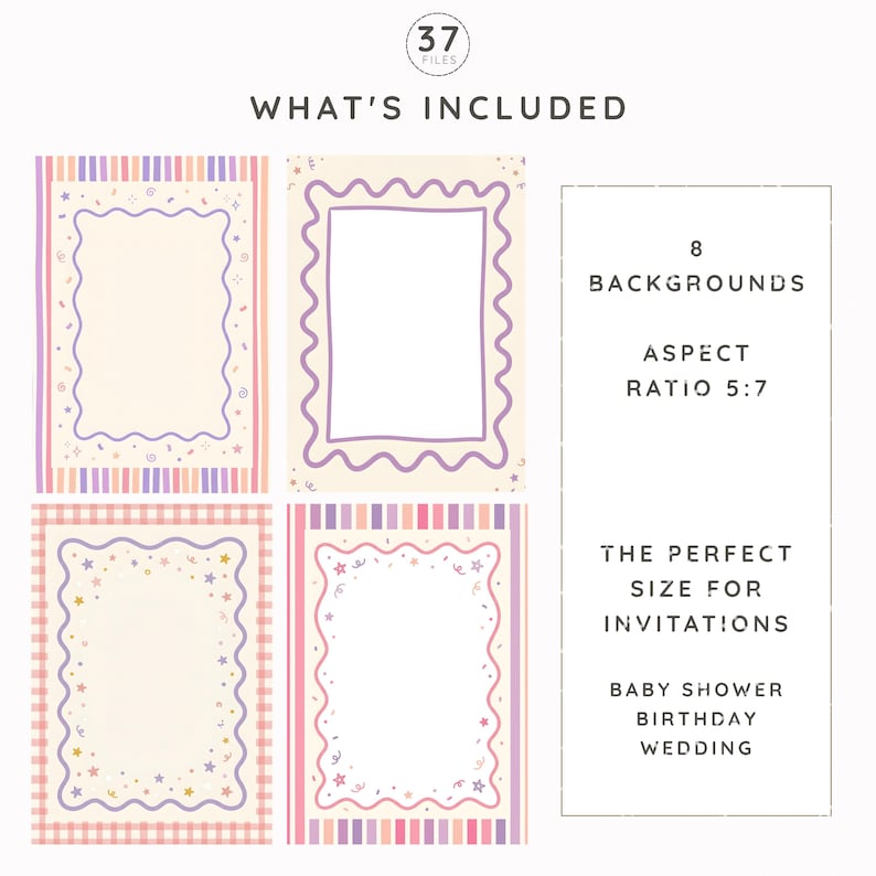 May include: A digital collection of 37 files featuring 8 backgrounds with a 5:7 aspect ratio. The designs include rectangular frames with wavy borders, striped or checkered patterns, and small star and confetti motifs in pastel colors.