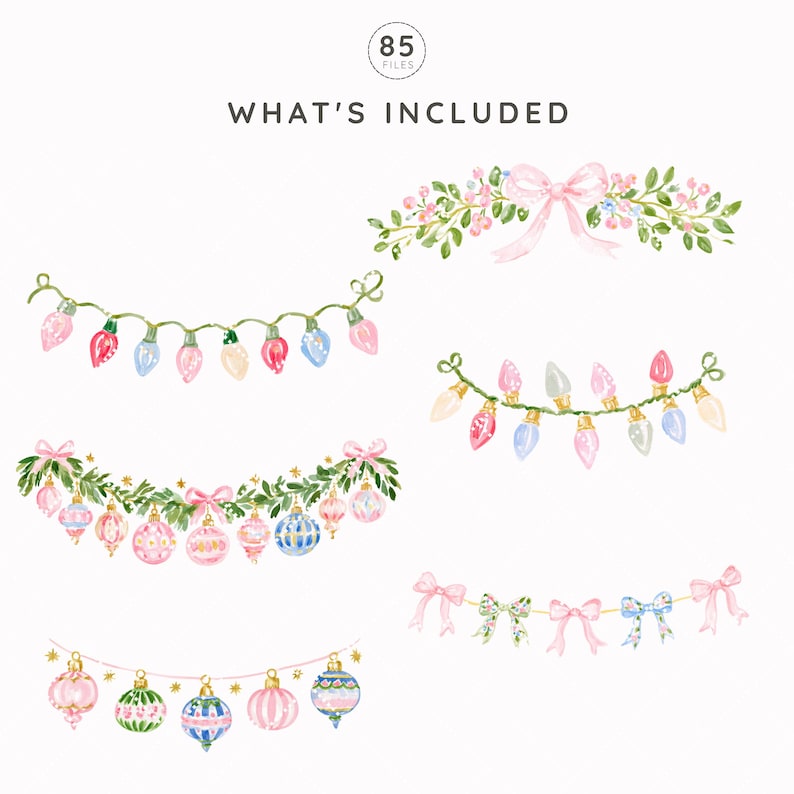 May include: A digital collection of watercolor illustrations featuring Christmas-themed garlands, including strings of colorful light bulbs, ornaments with pink, blue, and green patterns, floral arrangements with pink bows, and a series of decorative bows.