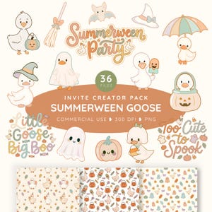 Op de afbeelding: Een digitale grafische set genaamd Summerween Party met 36 bestanden, waaronder illustraties van ganzen in Halloween-kostuums, spoken, pompoenen en snoep. Het pakket bevat tekstelementen zoals Little Goose Big Boo en Too Cute to Spook.