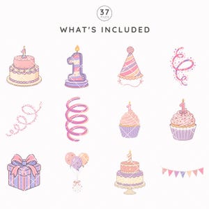 May include: A digital collection of 37 birthday-themed illustrations featuring cakes, a number one candle, a party hat, streamers, cupcakes, a gift box, balloons, and bunting. The graphics use a pastel color palette of pink, purple, and cream.