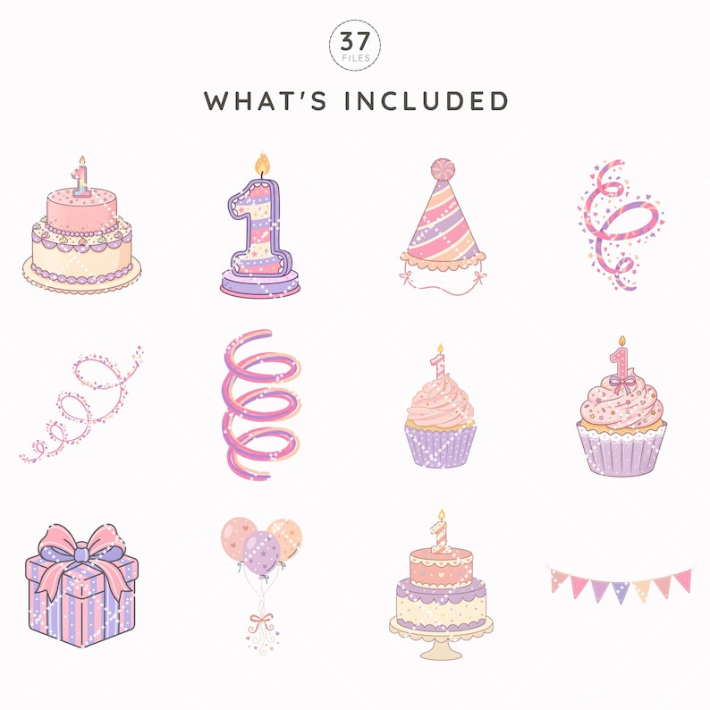 May include: A digital collection of 37 birthday-themed illustrations featuring cakes, a number one candle, a party hat, streamers, cupcakes, a gift box, balloons, and bunting. The graphics use a pastel color palette of pink, purple, and cream.