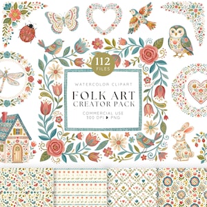 Könnte beinhalten: Eine digitale Sammlung von Aquarell-Cliparts im Folk-Art-Stil mit 112 Dateien, darunter Blumenkränze, ein Haus, ein Schmetterling, ein Marienkäfer, Vögel, eine Eule und ein Hase, mit dem Text 112 FILES WATERCOLOR CLIPART FOLK ART CREATOR PACK.