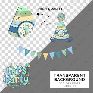 May include: A digital graphic set featuring a party hat with a pom-pom, a string of triangular pennant flags in shades of blue and green, and the text Let's Party in a bubble font, all displayed on a transparent background with high quality.