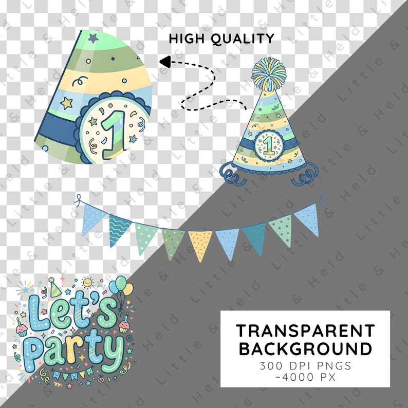 May include: A digital graphic set featuring a party hat with a pom-pom, a string of triangular pennant flags in shades of blue and green, and the text Let's Party in a bubble font, all displayed on a transparent background with high quality.