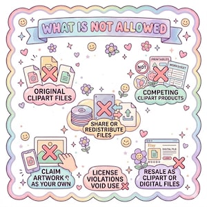 May include: A pastel-colored infographic titled WHAT IS NOT ALLOWED, featuring icons with red X marks. It illustrates prohibited actions like sharing files, claiming artwork as your own, and reselling digital products, decorated with small smiley faces and flowers.