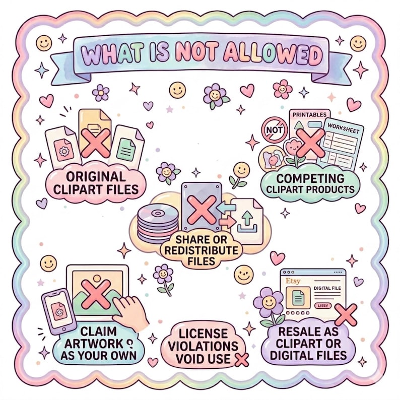 May include: A pastel-colored infographic titled WHAT IS NOT ALLOWED, featuring icons with red X marks. It illustrates prohibited actions like sharing files, claiming artwork as your own, and reselling digital products, decorated with small smiley faces and flowers.