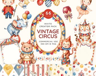 Vintage Circus Birthday Clipart, Come One Come All Party PNG, Three Ring Circus Invitation Creator Pack, Carnival Animals Seamless Patterns