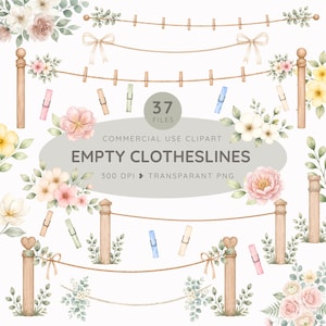 Könnte beinhalten: Eine digitale Sammlung von Aquarellillustrationen mit leeren Wäscheleinen, Holzpfosten, Blumenarrangements und bunten Wäscheklammern. Der Text lautet 37 FILES COMMERCIAL USE CLIPART EMPTY CLOTHESLINES 300 DPI TRANSPARANT PNG.