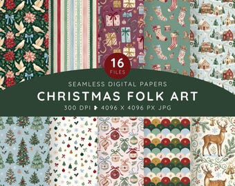 Heirloom Christmas Folk Art Digital Paper, Seamless Vintage Holiday Patterns, Deer, Birds, Gifts, Trees and Scrapbook Backgrounds