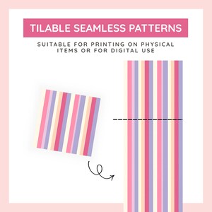 May include: A digital graphic displaying TILABLE SEAMLESS PATTERNS with the text SUITABLE FOR PRINTING ON PHYSICAL ITEMS OR FOR DIGITAL USE. The image features a square swatch and a vertical strip of repeating vertical stripes in pink, purple, and cream.